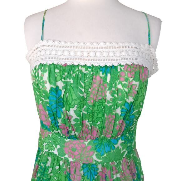 Milly Floral Sun Dress Ping Green Blue Retro Lace Trim - Picture 2 of 8